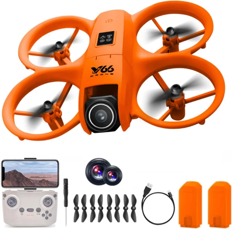 Orange quadcopter drone with prop guards and dual cameras