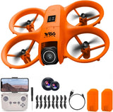 Orange quadcopter drone with prop guards and dual cameras
