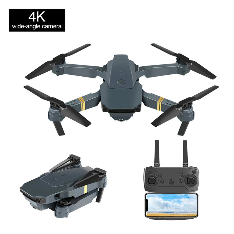Foldable quadcopter drone with 4 propellers and camera, plus handheld remote controller