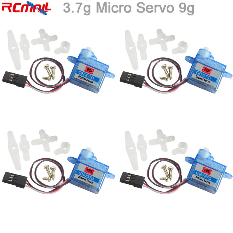 4-pack 3.7g micro analog RC servo motors with 90-degree horn and wiring leads