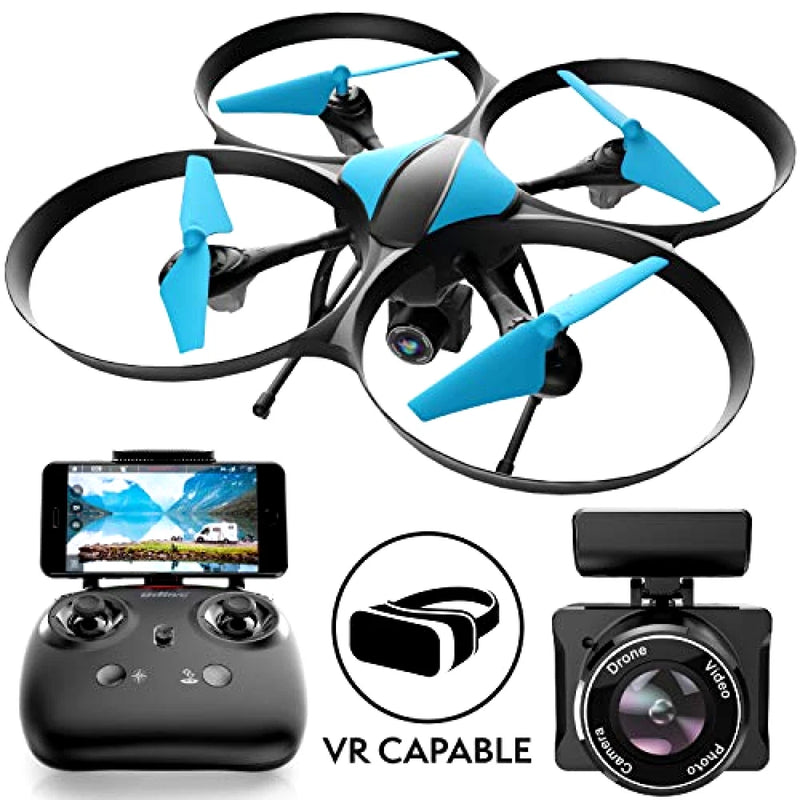 Blue and black quadcopter drone with camera, four propellers, and remote controller