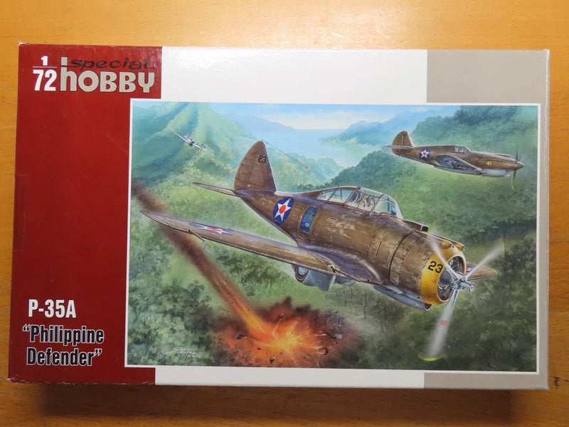 Plastic model airplane kit box with P-35A fighter aircraft artwork