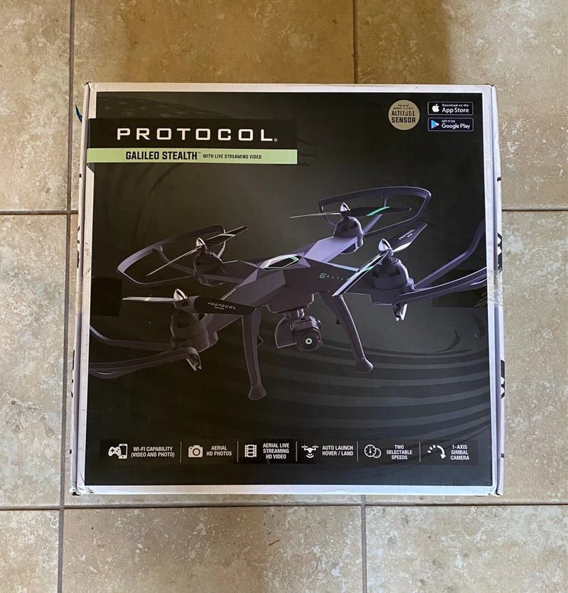 Galileo Stealth RC drone retail box with drone illustration and specs icons