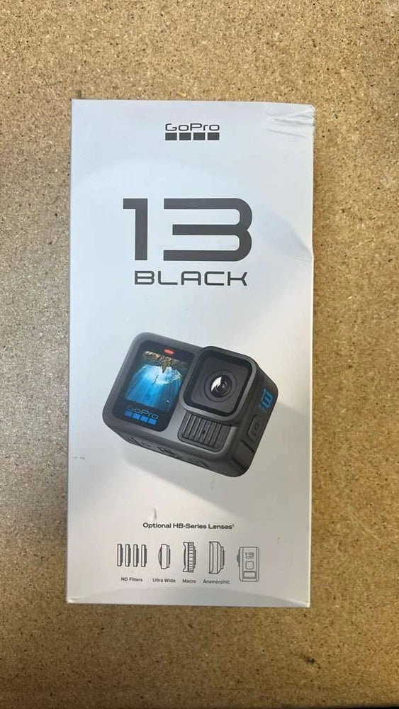 GoPro HERO13 Black waterproof action camera retail box with camera front and 13 branding