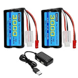 2PCS 7.4V 3000mAh 15C 2S JST-2P Plug Li-ion Battery with 2-in-1 Charger for UDIR