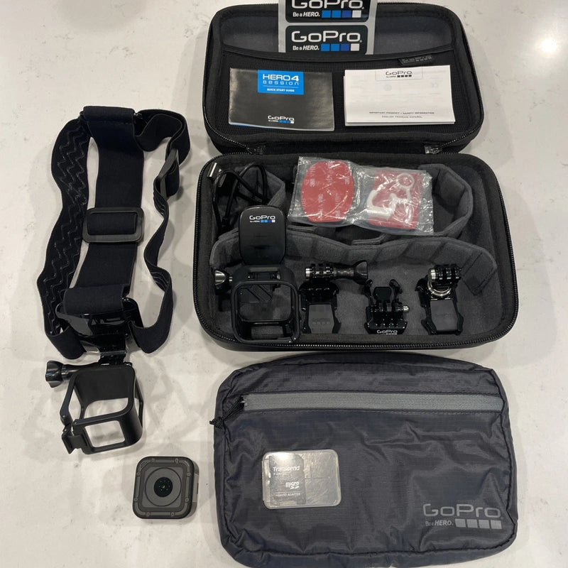 GoPro HERO4 Session action camera kit with carrying case, camera, mounting straps, mounts