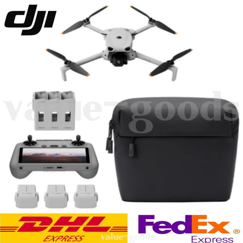 White quadcopter camera drone with controller, batteries, and black carrying case