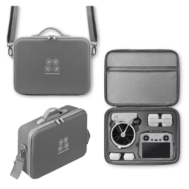 Portable storage bag with shoulder strap, dark gray, zip compartments for drone accessories