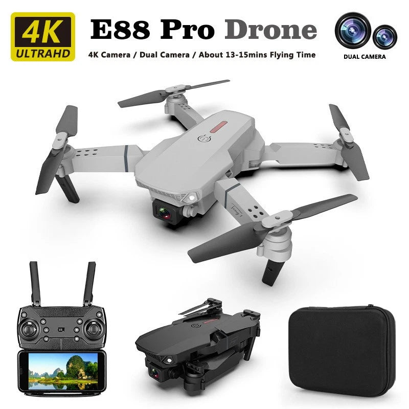 Gray quadcopter drone with built-in camera and four foldable propellers