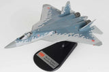 1/72 scale gray and blue Su-57 model fighter jet with display stand