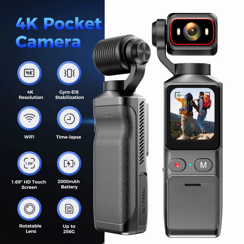 4K Pocket Camera Mini Gimbal Video Camera WiFi Touch Screen Rotatable Lens 256GB