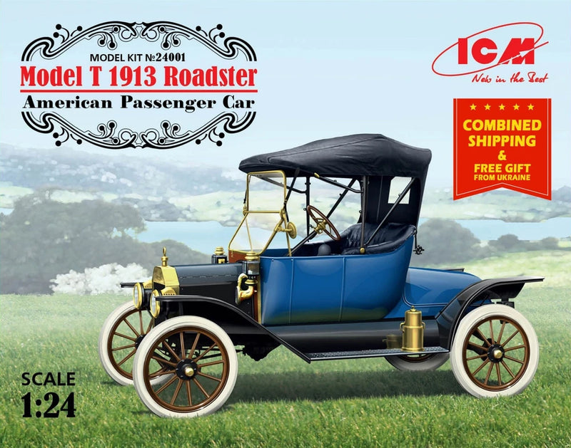 Blue and black 1913 Model T roadster car scale model kit, side view with open top