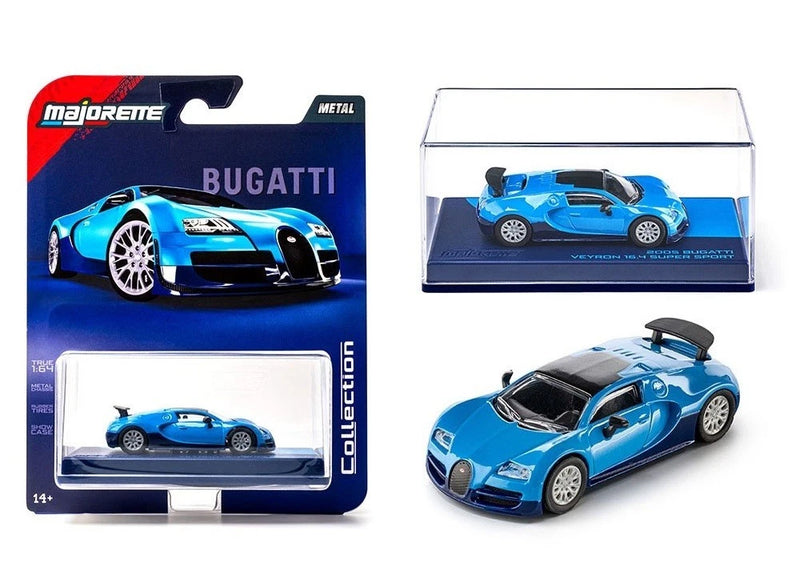 Blue Bugatti Veyron die-cast model car in blister packaging with display box