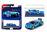Blue Bugatti Veyron die-cast model car in blister packaging with display box