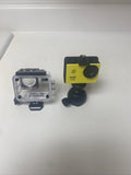 Yellow action camera with black lens and clear waterproof housing case
