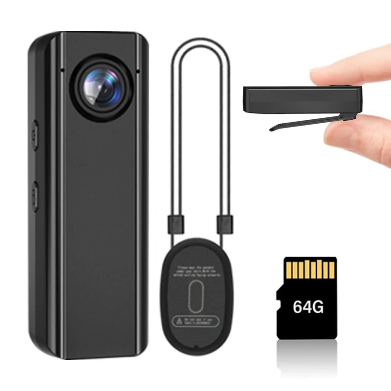 Mini body camera with lens, wrist lanyard, and 64GB microSD card accessory