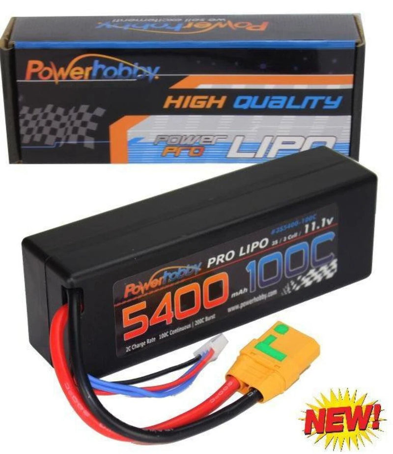 Black hard-case LiPo battery with XT90 plug, red/blue leads, 5400mAh 100C label