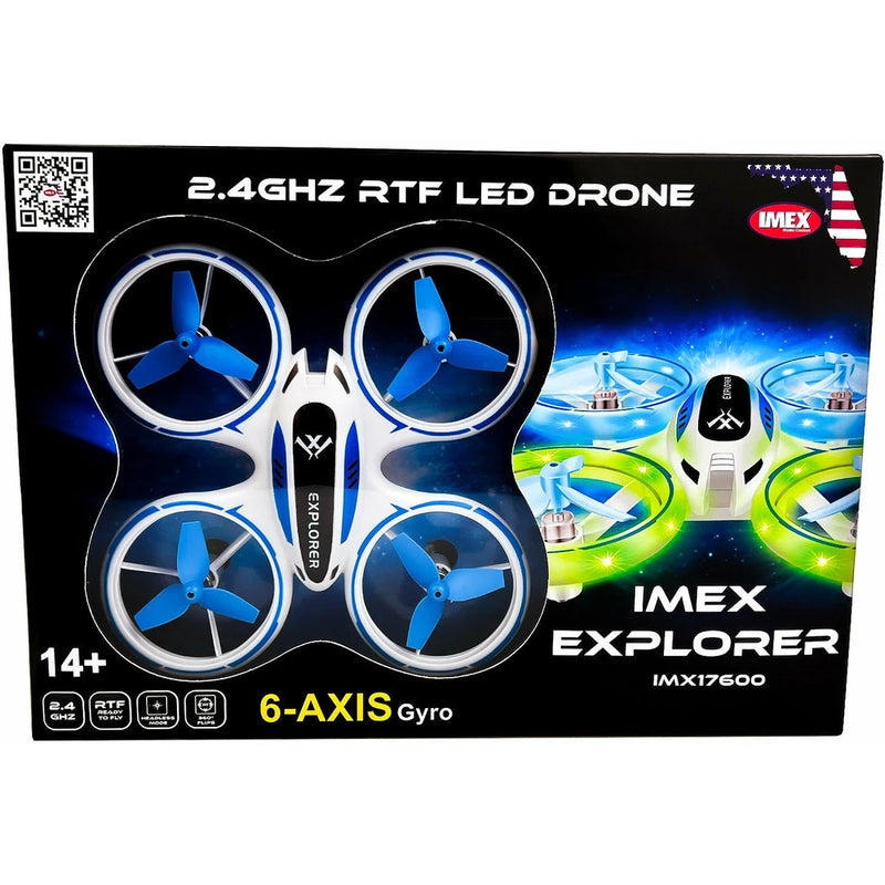 Blue 2.4GHz LED quadcopter RC drone box with four propellers and 6-axis gyro