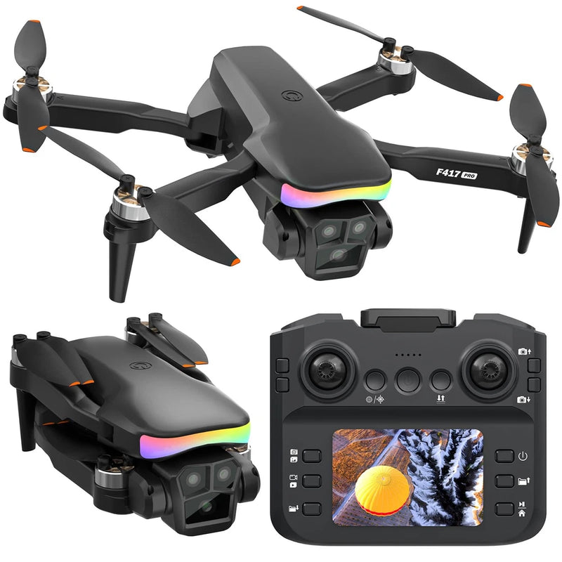 F417PRO mini black drone with camera and foldable controller showing photo screen