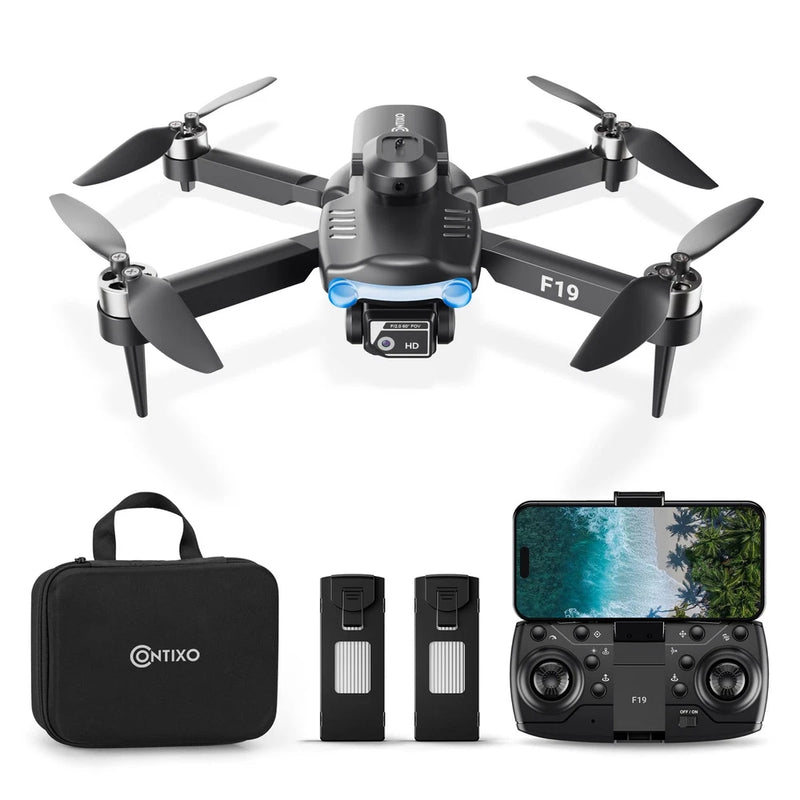 Black quadcopter drone with FPV camera and controller, plus carrying case