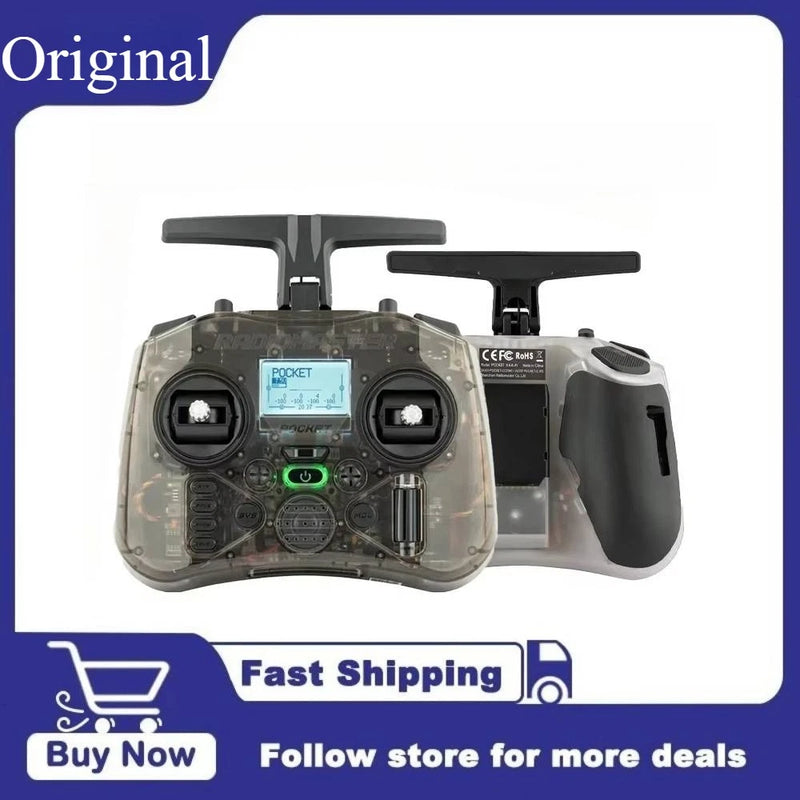 Black pocket radio transmitter with LCD screen and dual gimbals