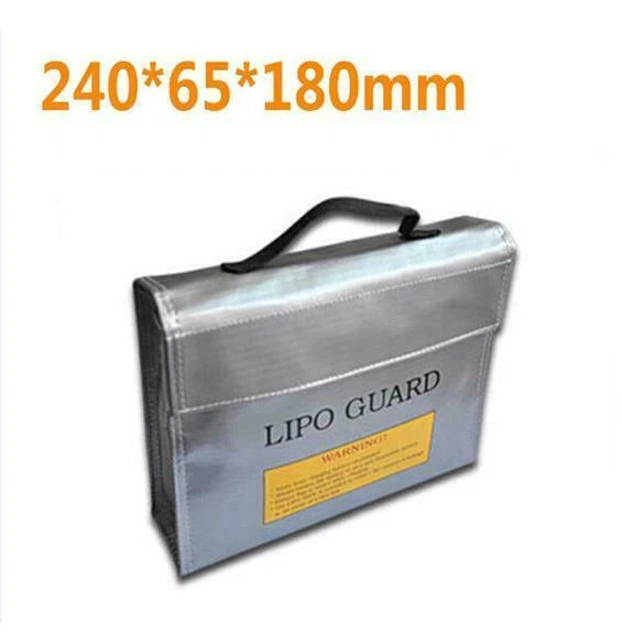 Silver LiPo Guard safety bag with handle and front warning label