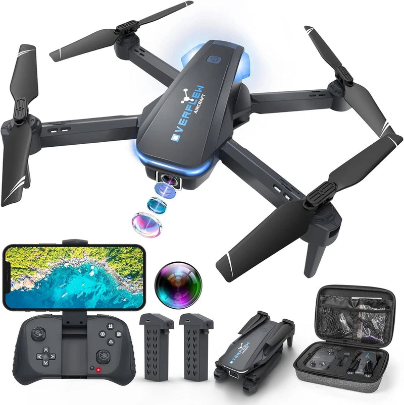 Foldable grey drone with blue camera screen and four propellers