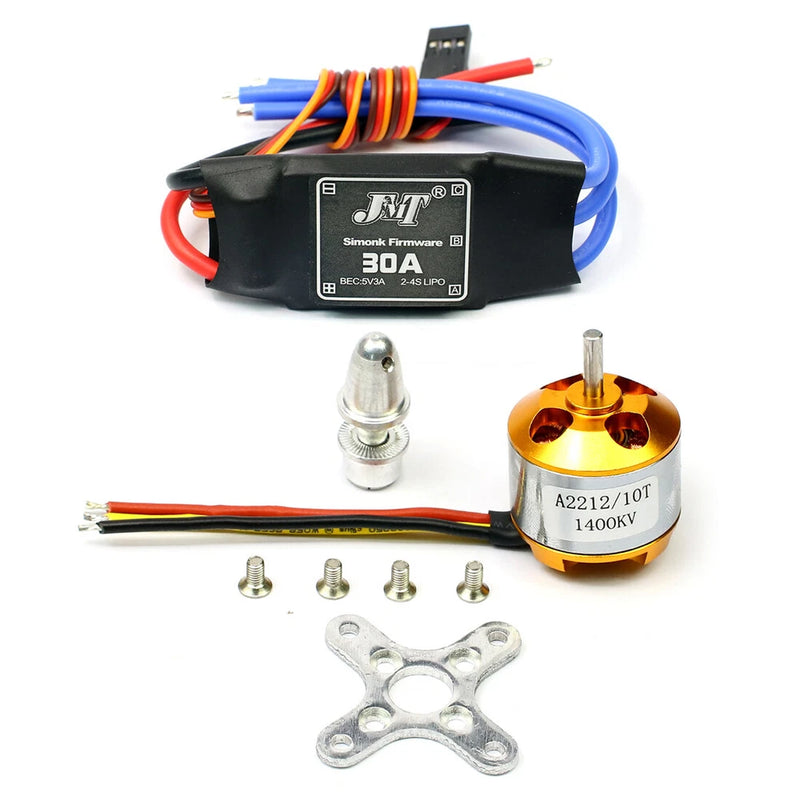 Black RC brushless motor ESC controller with blue/red wires, gold motor, mounting hardware