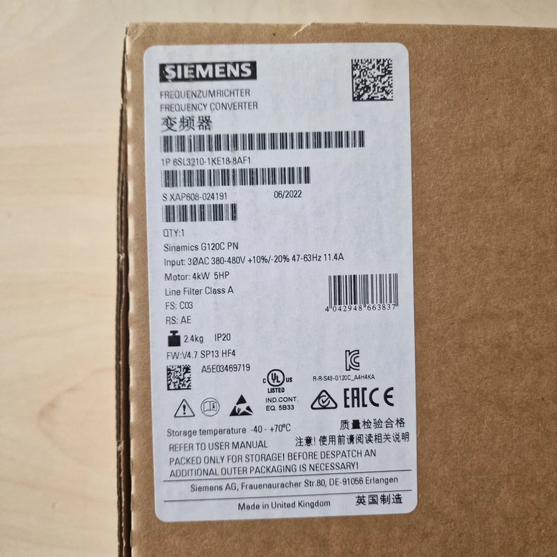 Siemens 6SL3210-1KE18-8AF1 SINAMICS G120C PN frequency converter, motor: 4kW/5HP