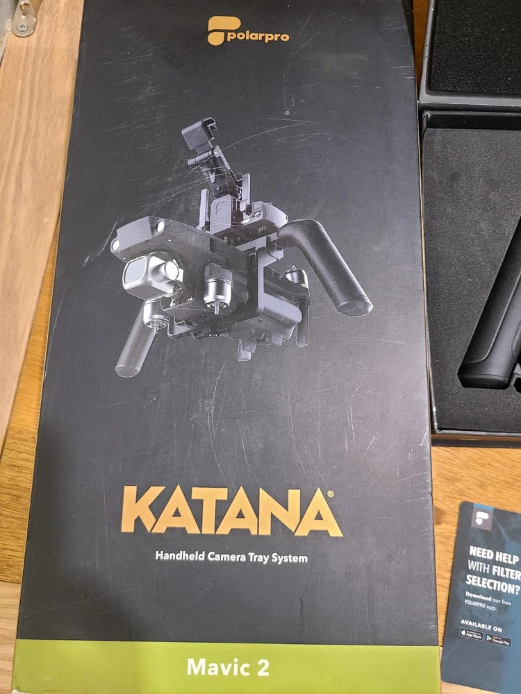 PolarPro KATANA handheld camera tray system for DJI Mavic 2, shown in packaging