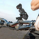 Black extended camera mount adapter for gimbal tripod holder, attached to a handlebar