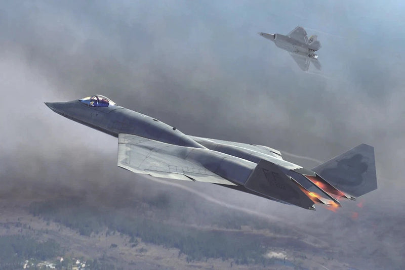 HobbyBoss 1/48 YF-23 model kit, gray stealth jet with afterburner flames