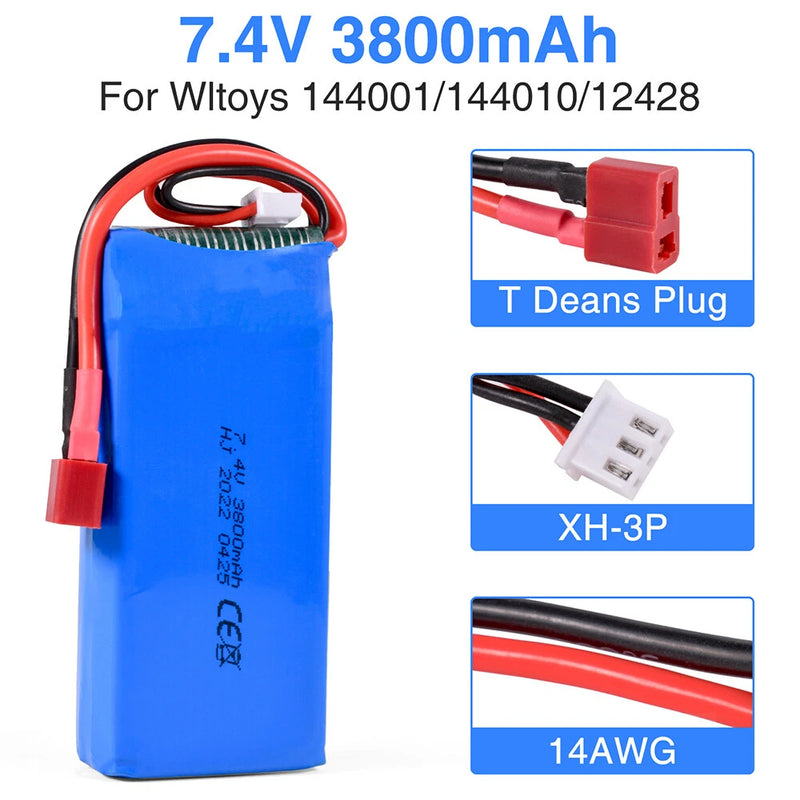 Wltoys 2s 7.4v 3800mAh LiPo Battery Pack Rechargeable for 144001 124019 RC Car