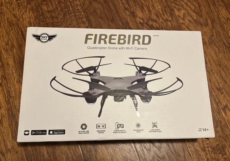 Sky Rider Firebird quadcopter drone retail box with Wi‑Fi camera and drone illustration