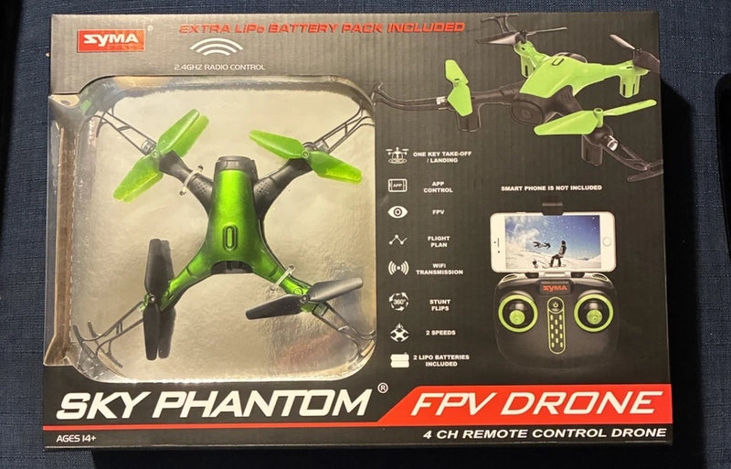 Green FPV quadcopter drone with 4CH remote controller and phone mount, retail box