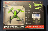 Green FPV quadcopter drone with 4CH remote controller and phone mount, retail box