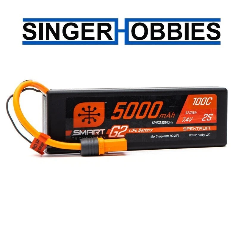 Spektrum SPMX52S100H5 7.4V 5000mAh 2S 100C Smart G2 Hardcase LiPo Battery IC5 HH Battery