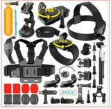 Action camera mounting accessories kit with black straps, clamps, and brackets, 50-piece set
