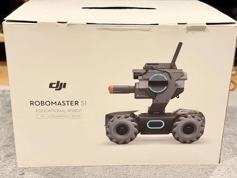 DJI RoboMaster S1 educational robot box with illustrated 4WD chassis and controller