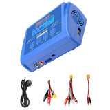 Blue 80W battery balance charger/discharger with LCD, cooling fan, and input/output cables