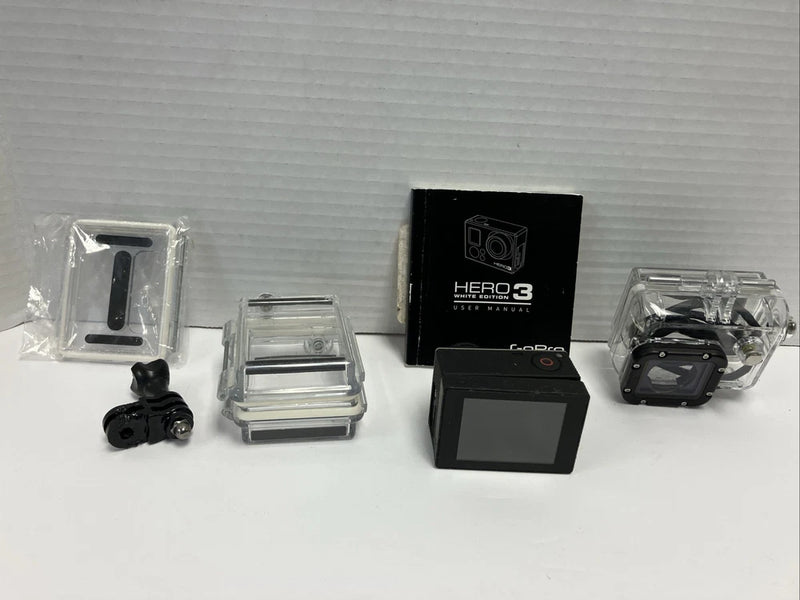 GoPro HERO3 action camera kit with camera, mounts, and clear housing case