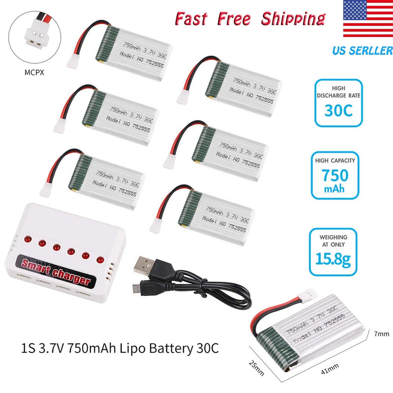6pcs 750mAh 3.7V 1S Lipo Battery 30C with 6 in 1 Charger for Syma RC Drone Quads Battery