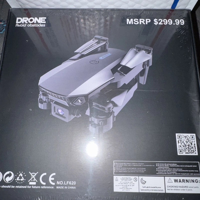 Drone retail box with printed obstacle-avoid drone and MSRP $299.99