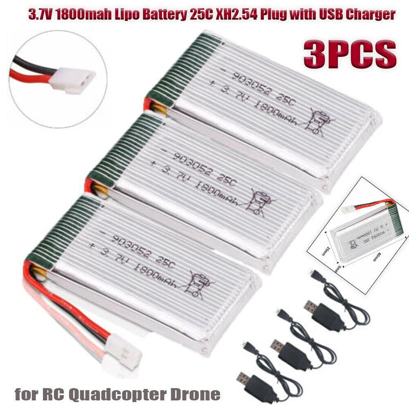 3pack 3.7V 1800mAh Lipo Battery XH2.54 Plug w/ USB Charger for RC Car Quadcopter