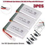 3pack 3.7V 1800mAh Lipo Battery XH2.54 Plug w/ USB Charger for RC Car Quadcopter