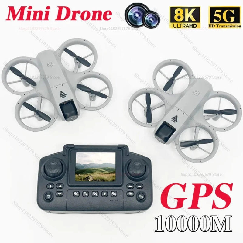 Gray mini quadcopter drone with controller and screen