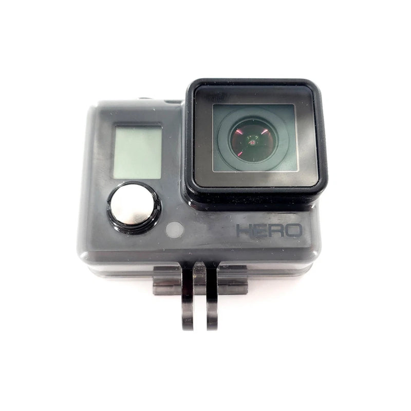 GoPro waterproof action camera in clear housing, front lens and status screen visible
