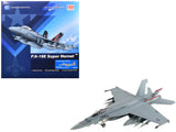 Gray F/A-18E Super Hornet fighter jet model in angled side view