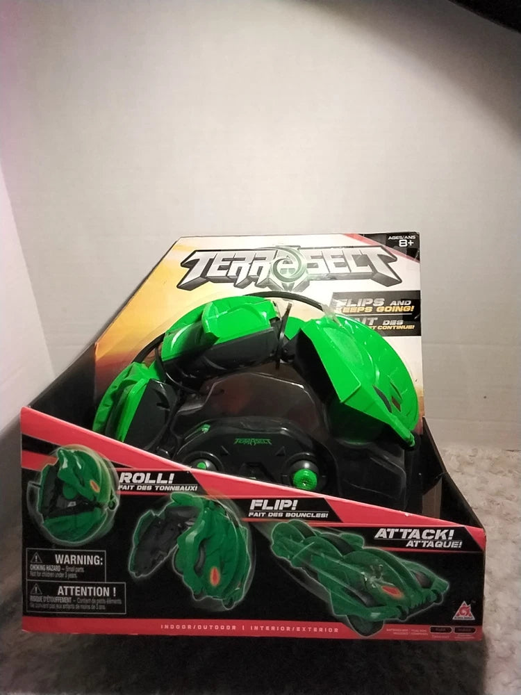 Green transforming remote control vehicle in retail box
