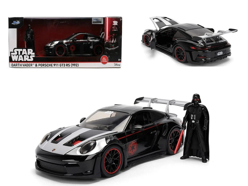 1:24 black sports car model with red wheels and Darth Vader action figure